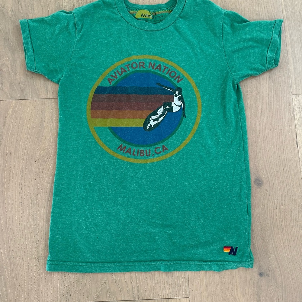 Aviator Nation Teal Graphic Tee with Rainbow Design